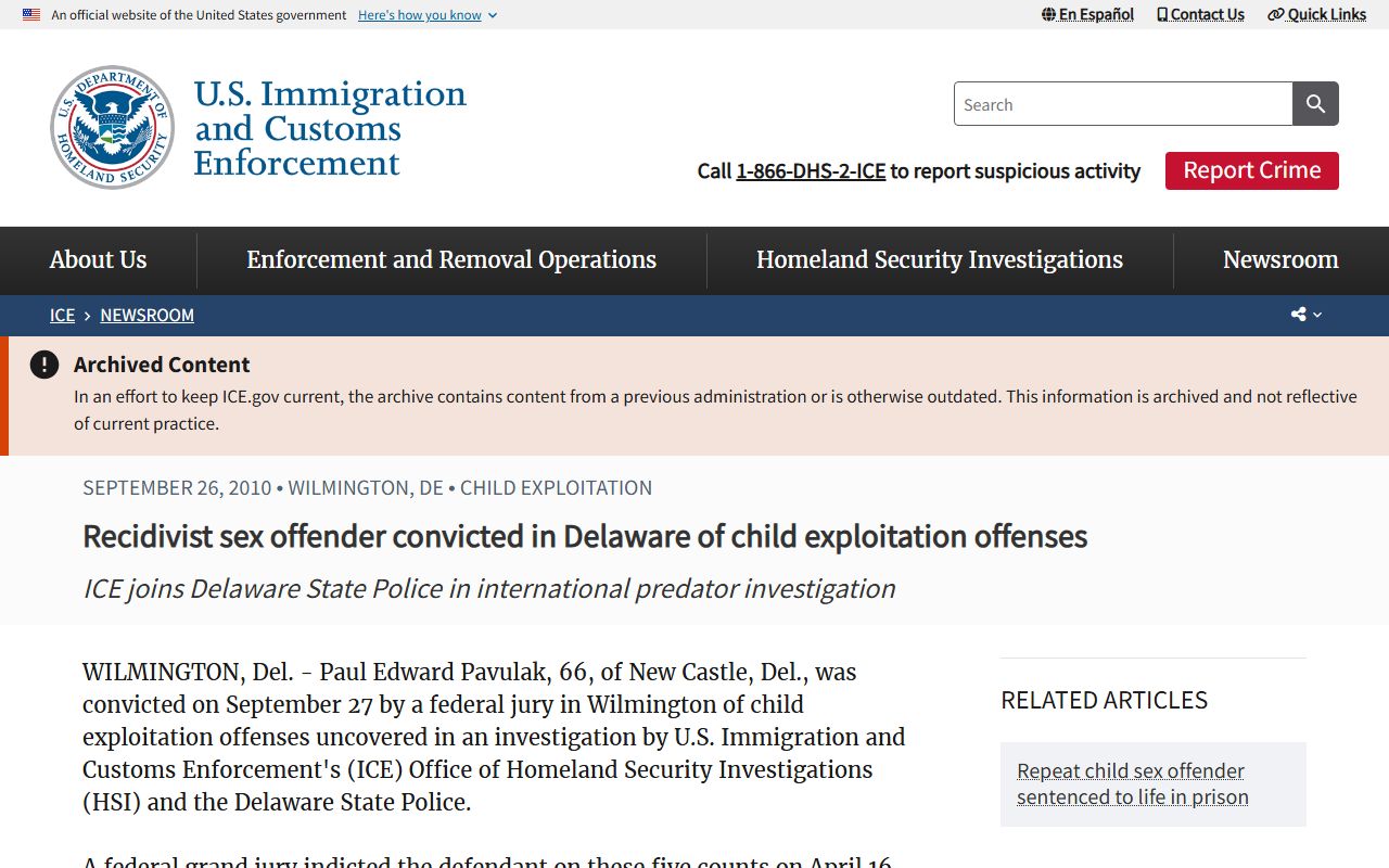 ICE federal sex offender case involving Delaware City area child exploitation offenses
