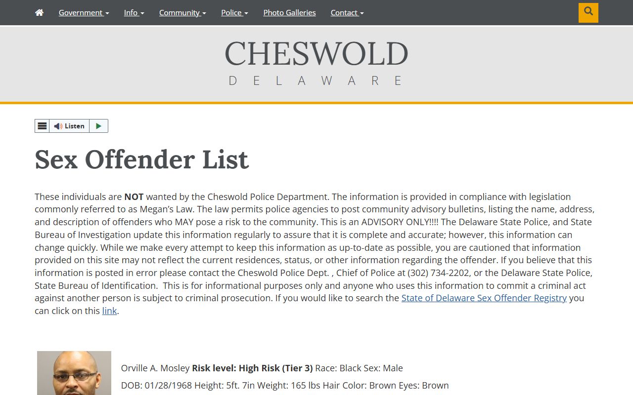 Cheswold Delaware sex offender list Kent County