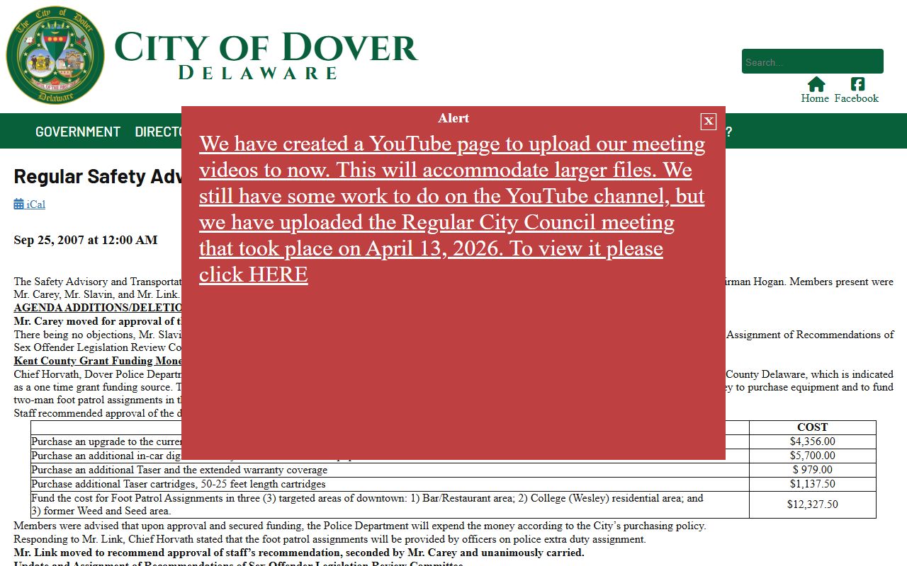 Dover Safety Advisory Committee meeting on sex offender legislation Kent County