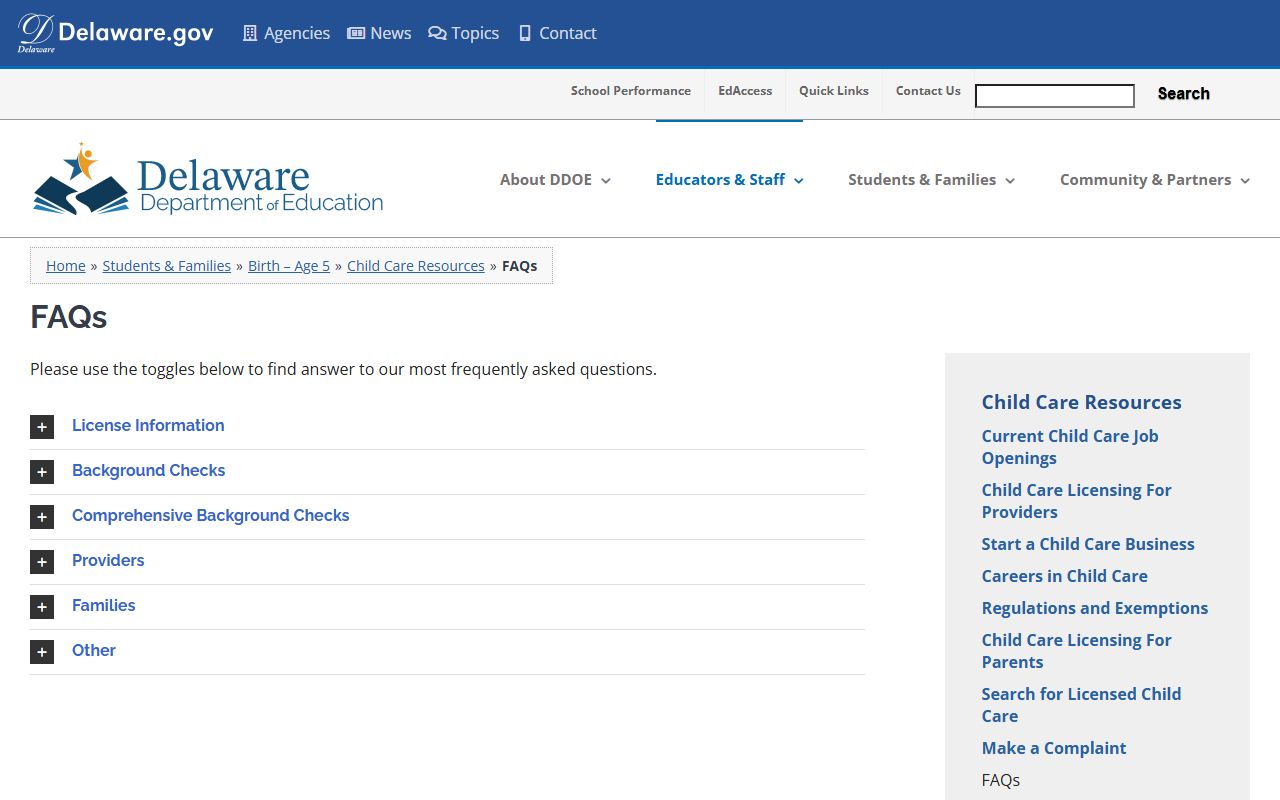 Delaware background check process for child care including sex offender registry