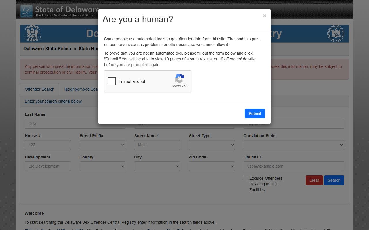 Delaware Sex Offender Central Registry homepage