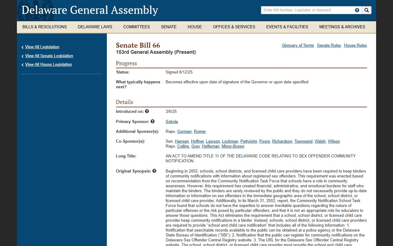 Delaware sex offender legislation Senate Bill 66