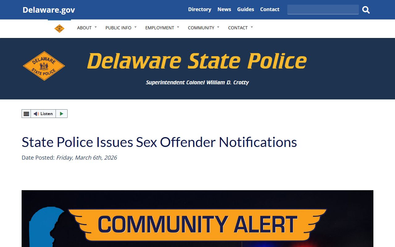 Delaware State Police sex offender notifications page